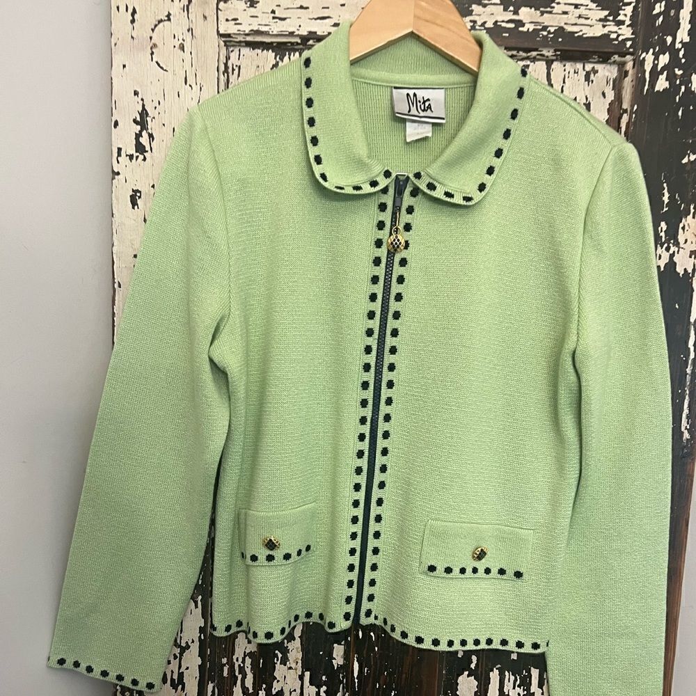Vintage Mita gold statement accents cardigan zip sweater. Women’s size 10.